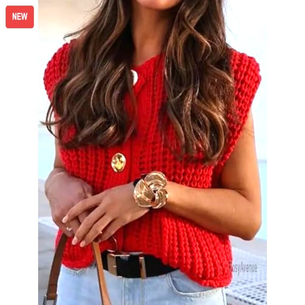 Sleeveless Cropped Knit Cardigan Chunky Crochet Sweater Vest with Pockets - Picture 3 of 7